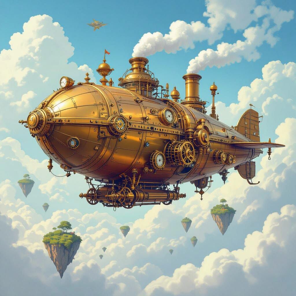 Steampunk Airship Soaring Through Whimsical Skies