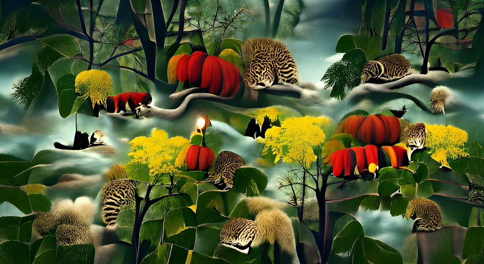 Fantasy Jungle Scene in Naive Art Style