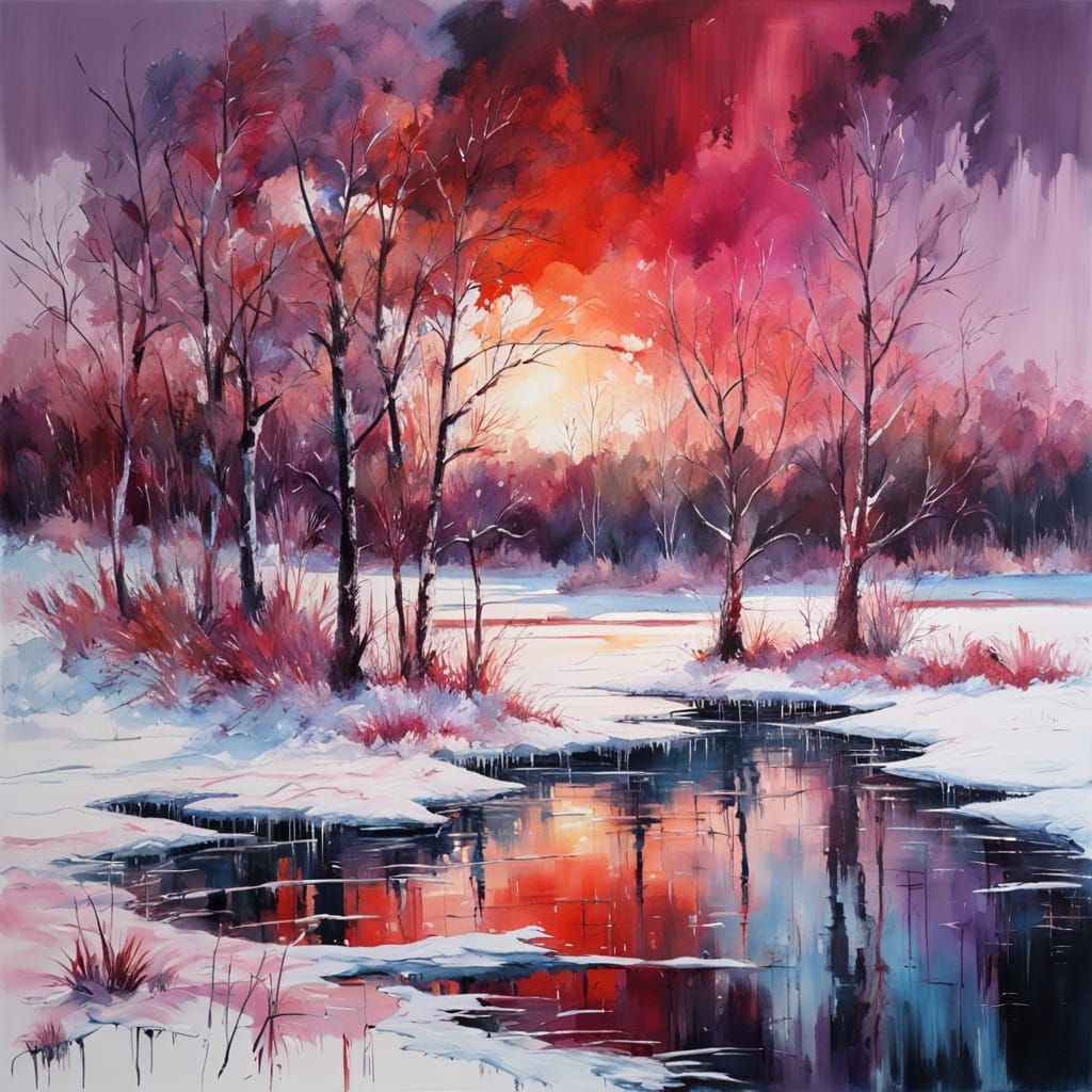 Frozen Lake Reflecting Sunset in Expressionist Style