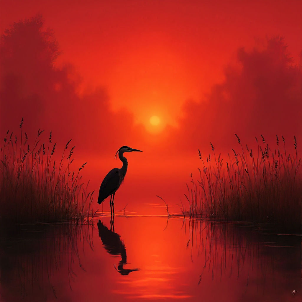 Heron in Misty Marsh, Watercolor Art