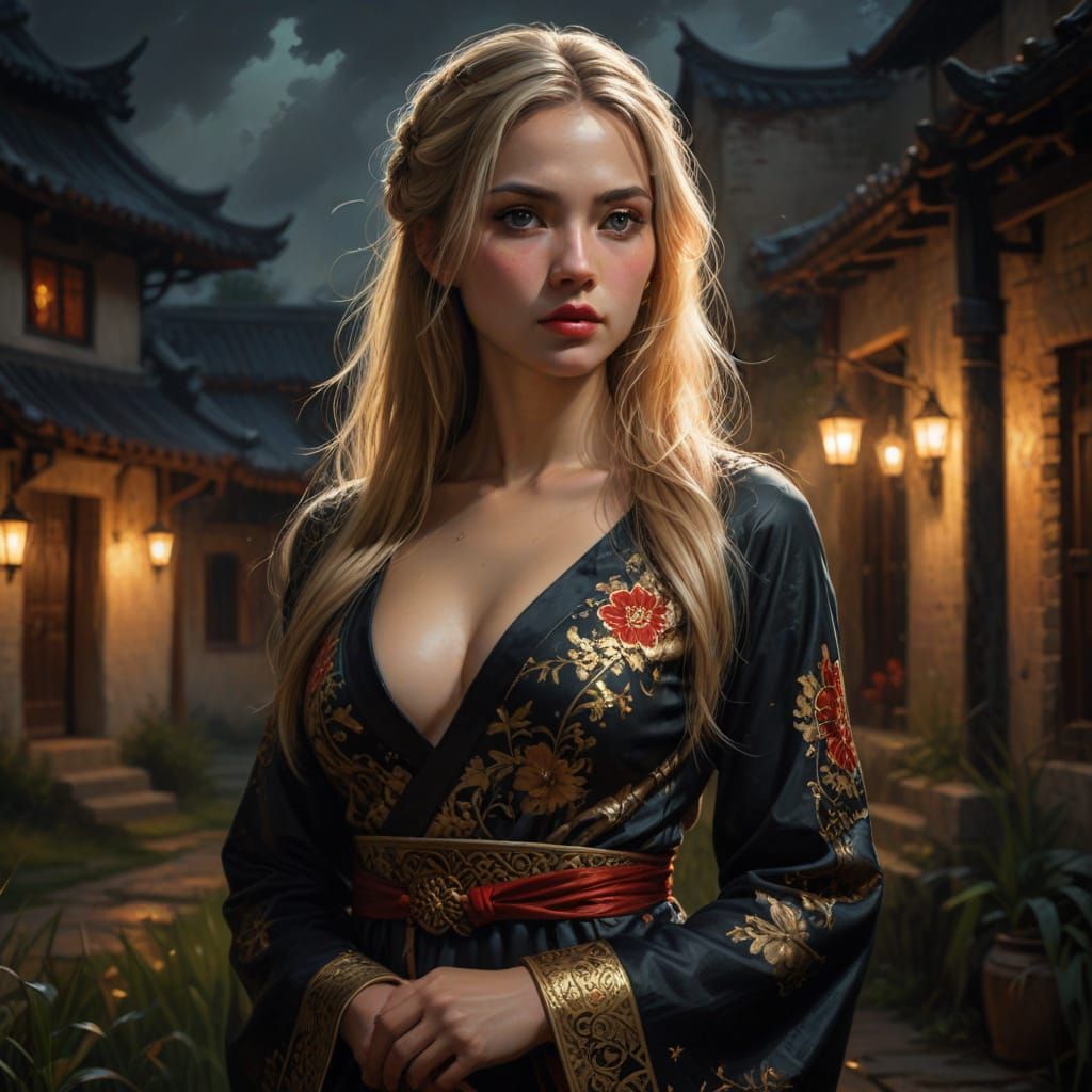 Smug Princess in Chinese Dress: Fantasy Oil Painting