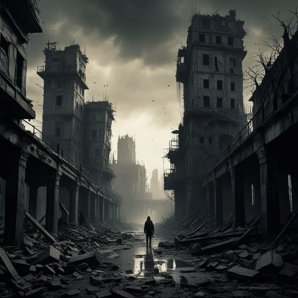 Surreal Post-Apocalyptic Ink Drawing in Brutalist Style