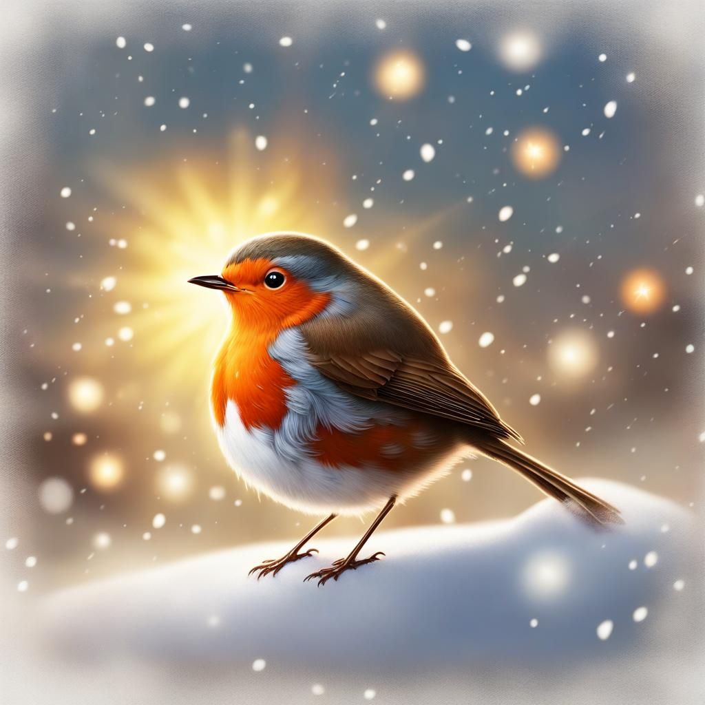 Cartoon Robin in Snowy Christmas Sunlight