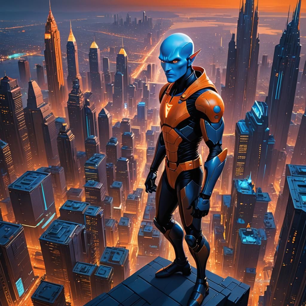 Megamind Over Futuristic Cityscape, Digital Matte Painting