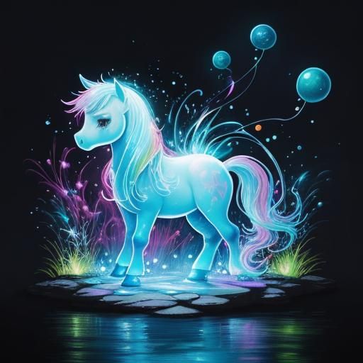 Bioluminescent Chibi Pony and Waterfall Graffiti Art