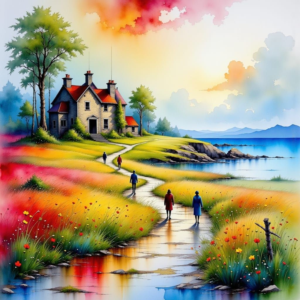 Surreal Watercolour Masterpiece of Ruined Cottage by Ocean