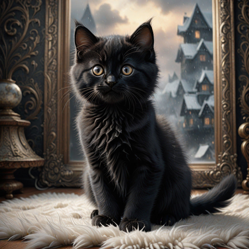 Adorable Black Kitten amidst Luxurious Fluffy White Rug