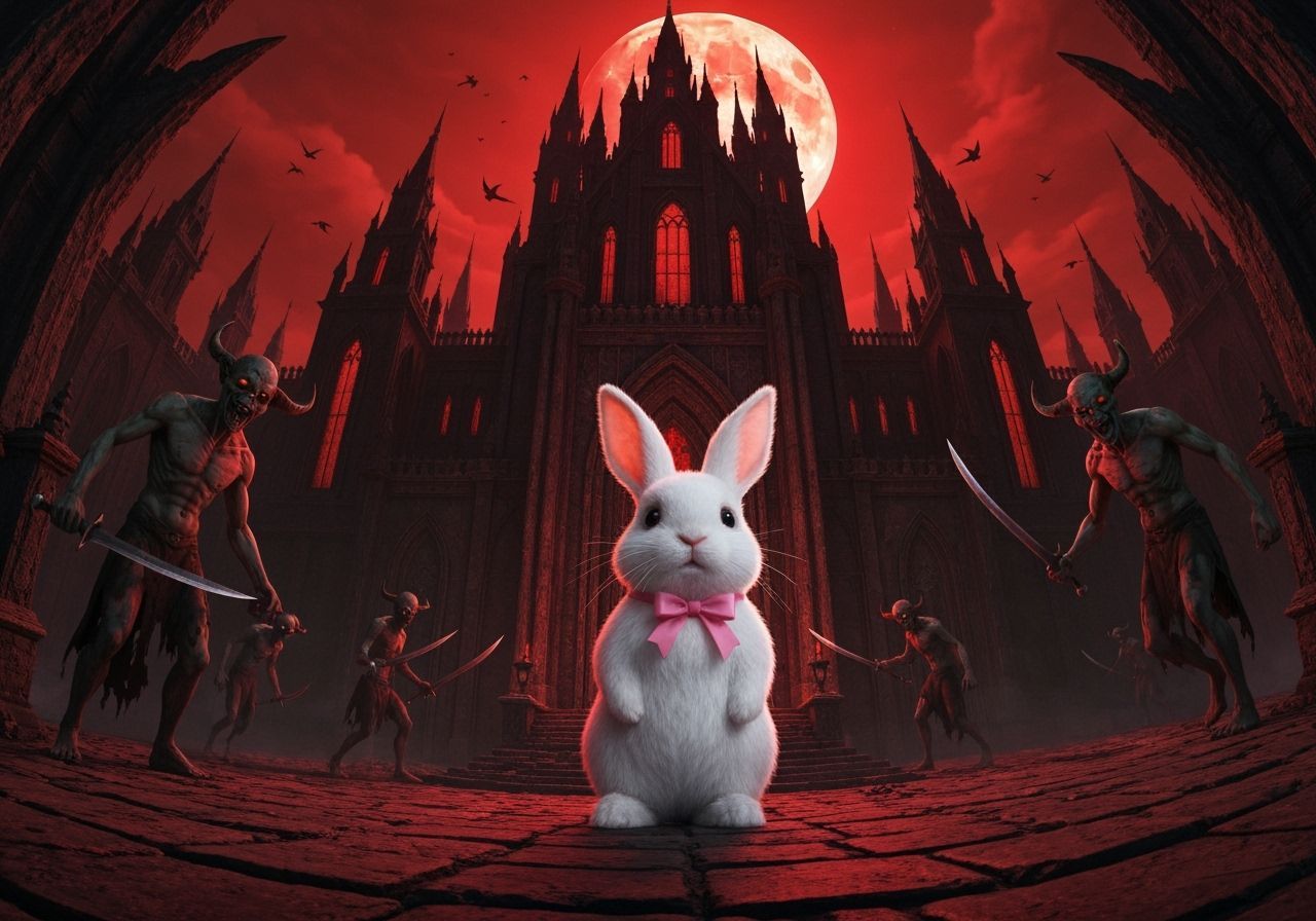 Bunny and Demonic Temple Under Blood Moon