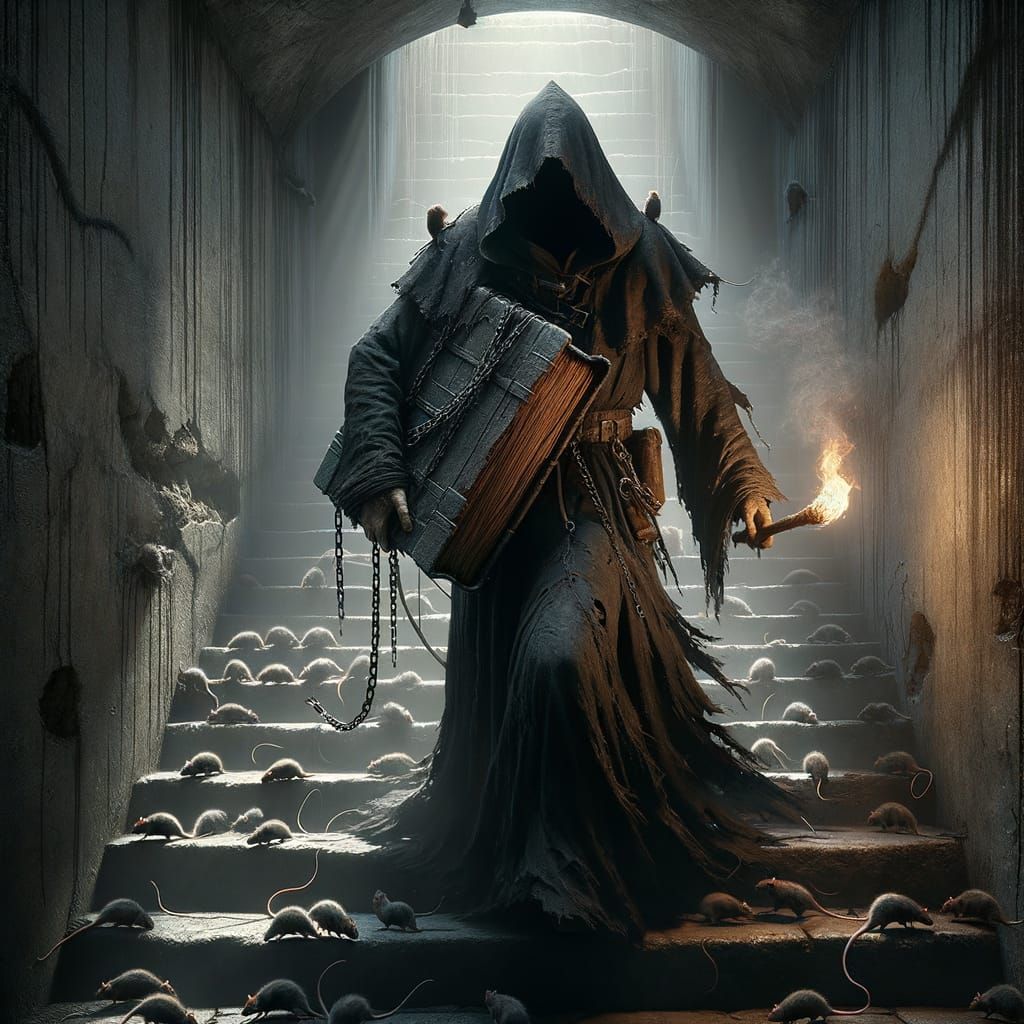 Medieval Monk in Tattered Robes Carries Chained Leather Tome