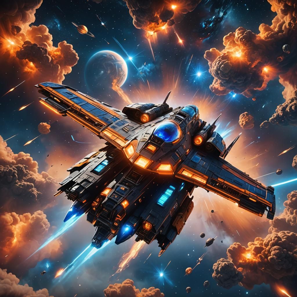 Futuristic Spaceship Soars Through Vibrant Nebula