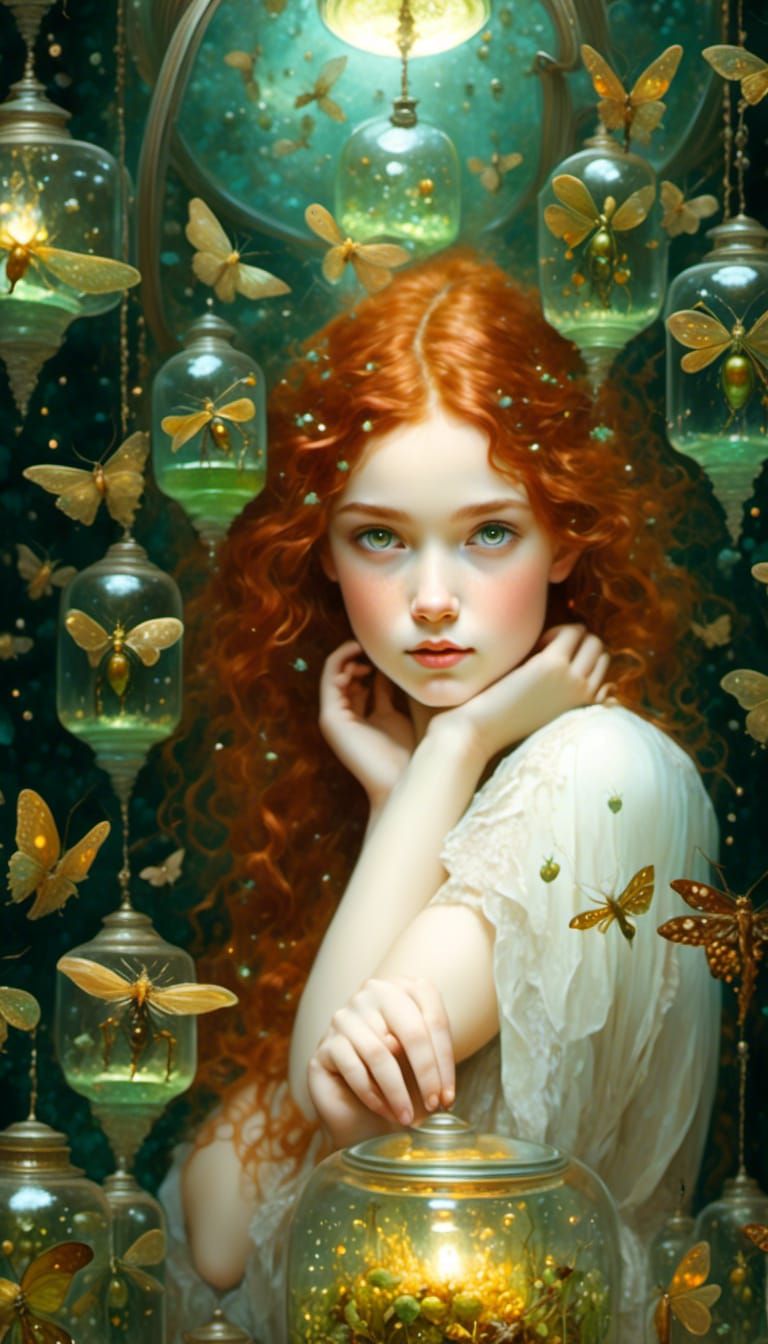 Girl with Fireflies Jar: Dark Fantasy Art