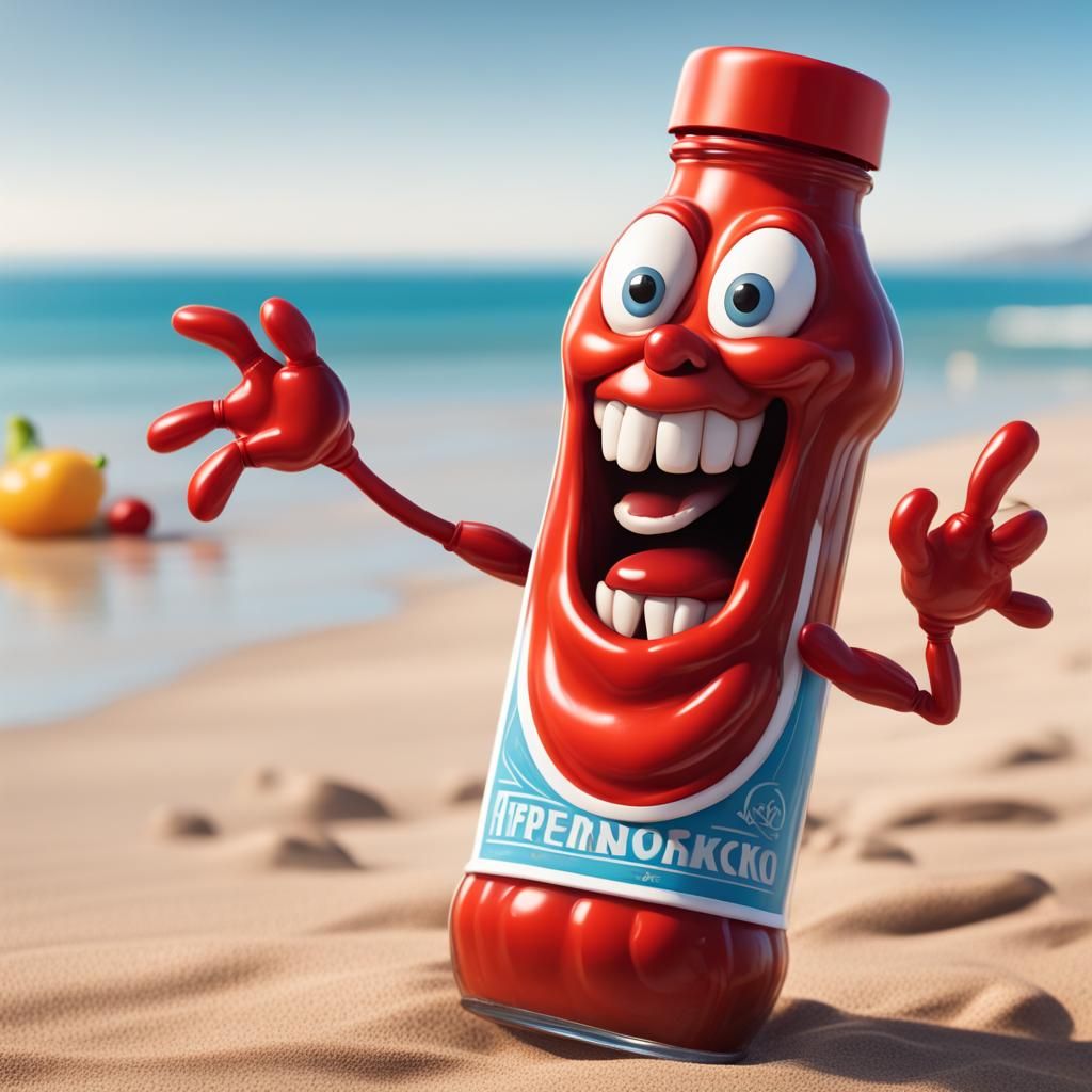 Ketchup Bottle Runs on Beach: Disney-Pixar Concept