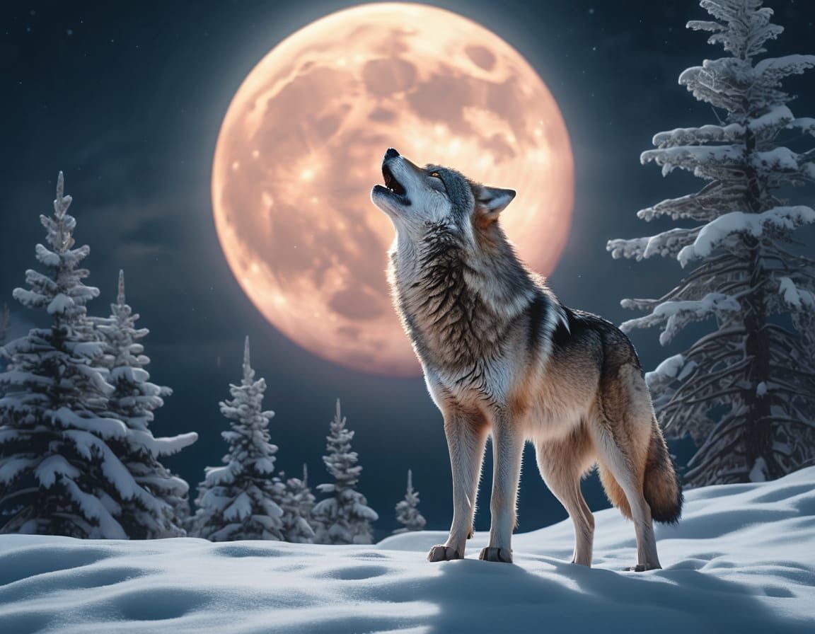 Lone Wolf Howling at Moon in Matte Painting Style