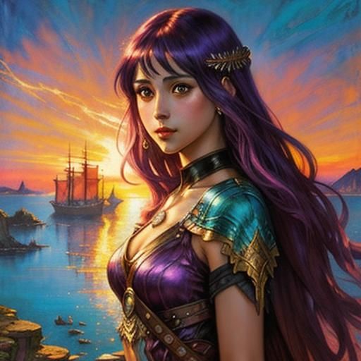 Sunset Over Bay in Fantasycore Watercolour Style