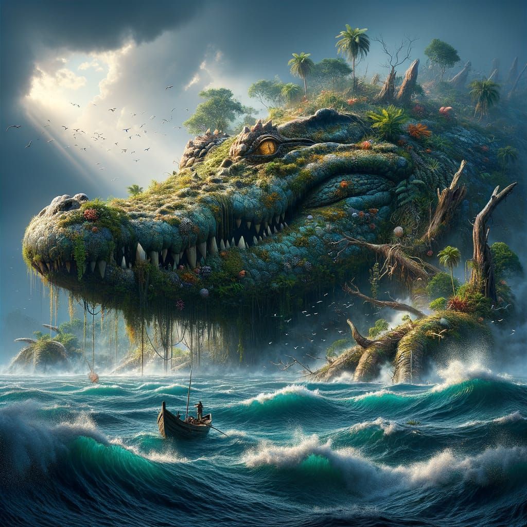 Colossal Living Island Crocodile Emerges from Misty Ocean