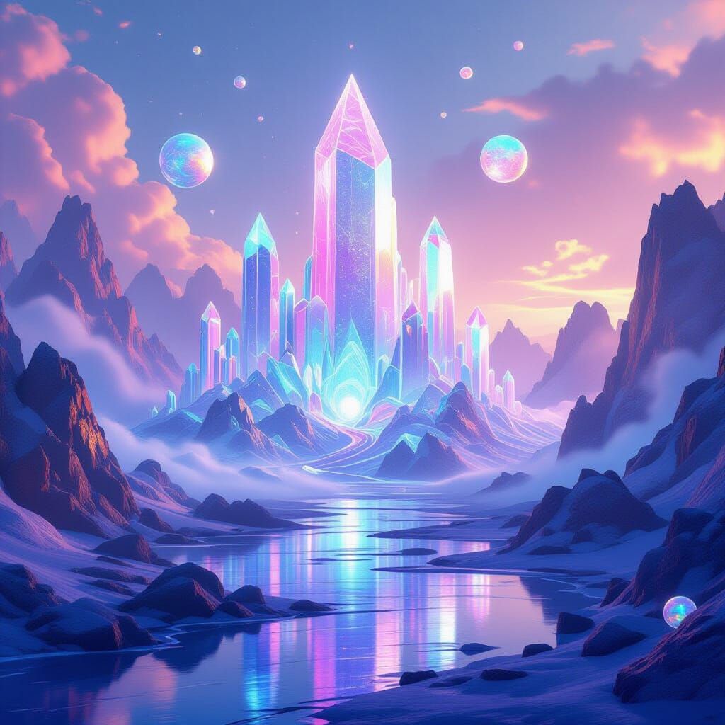 Holographic Crystal Spires in Ethereal Mist