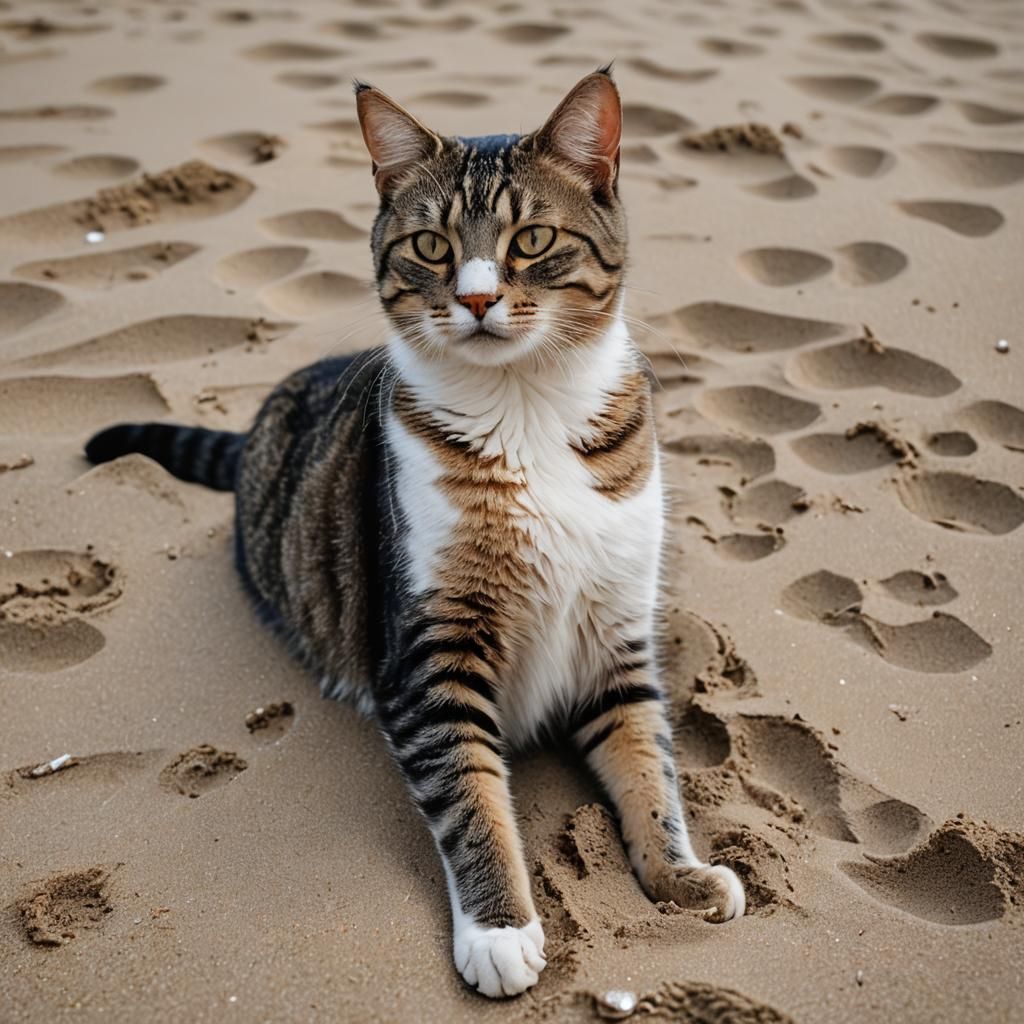 Cat Chilling on Beach: Professional Photography