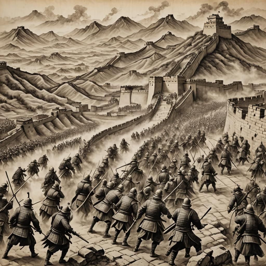 Great Wall of China Battle: Charcoal Drawing
