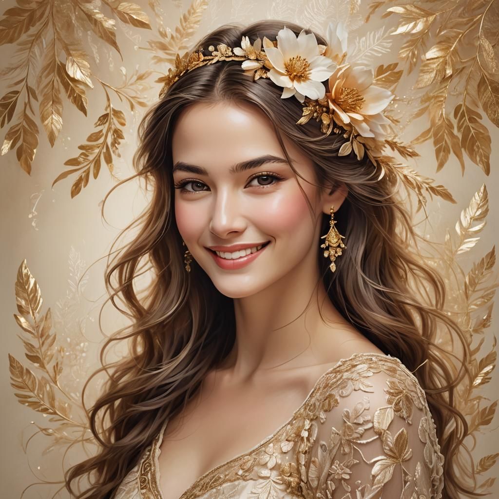 Smiling Woman Portrait with Floral Lacework, Digital Art