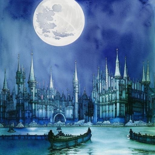 Radiant Castle Under Blue Moon: Arthur Rackham Style