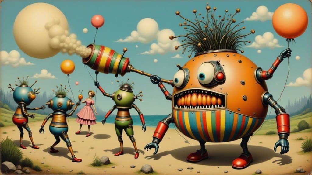 Surreal Robot Confronts Mad Scientists in Dreamlike Scene