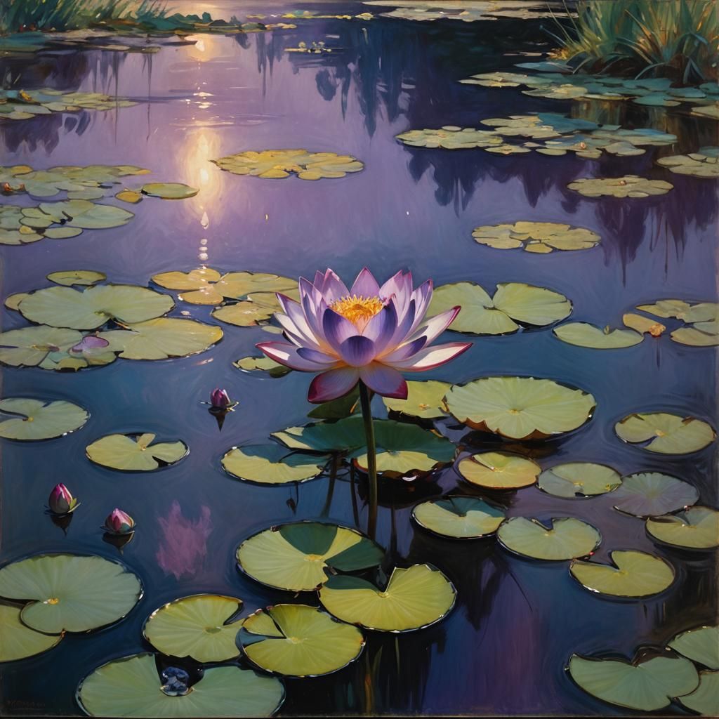 Sapphire Lotus on Obsidian Pond: Oil Painting