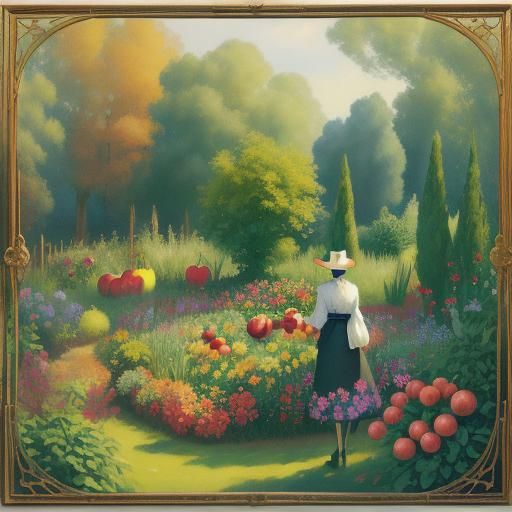 Surrealist Woman Picking Apple in Fauvist Garden