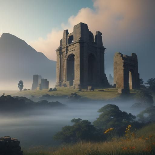 Majestic Flag in Misty Landscape, Digital Matte Painting