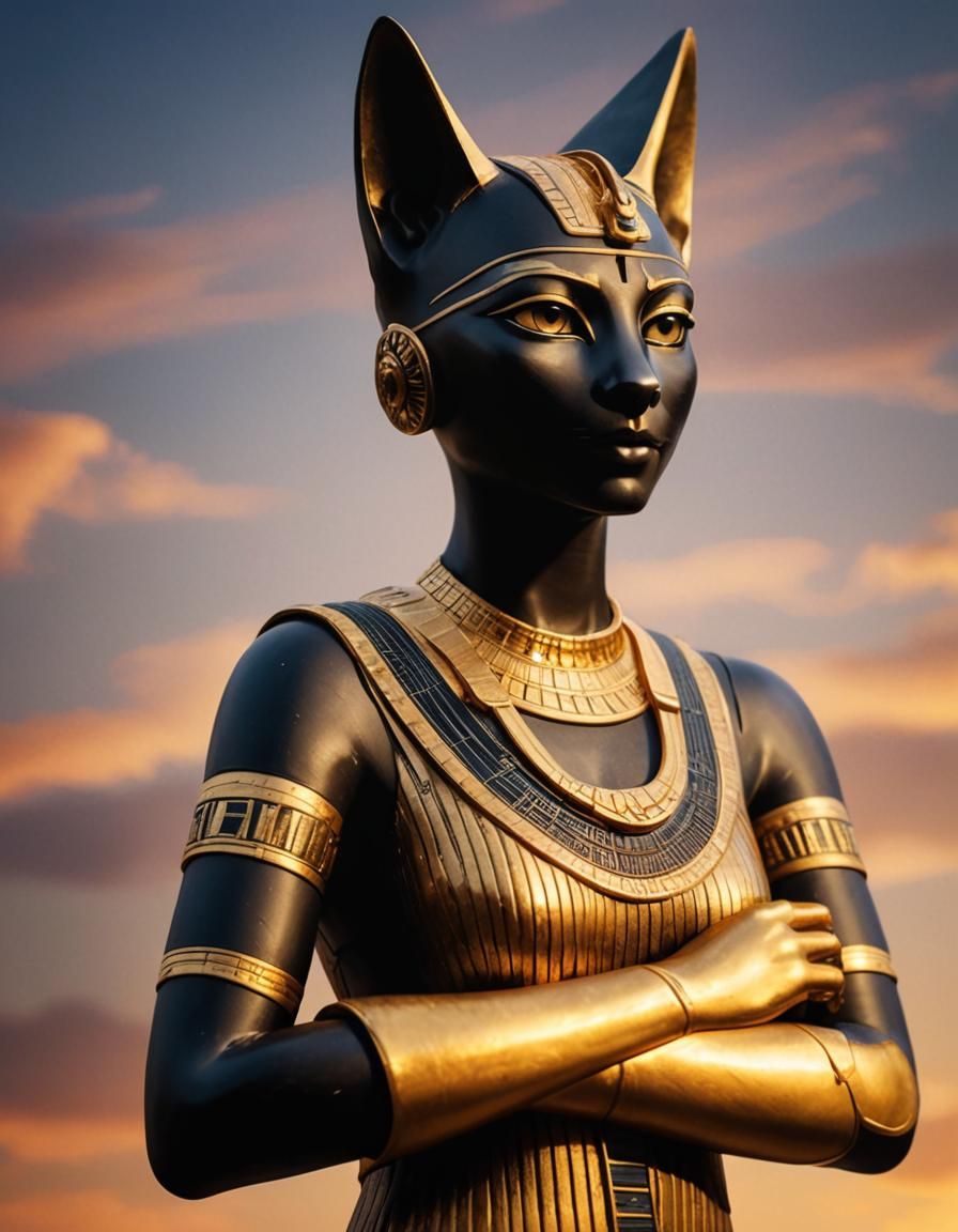 Ancient Egyptian Cat Deity Bastet in Black and Gold
