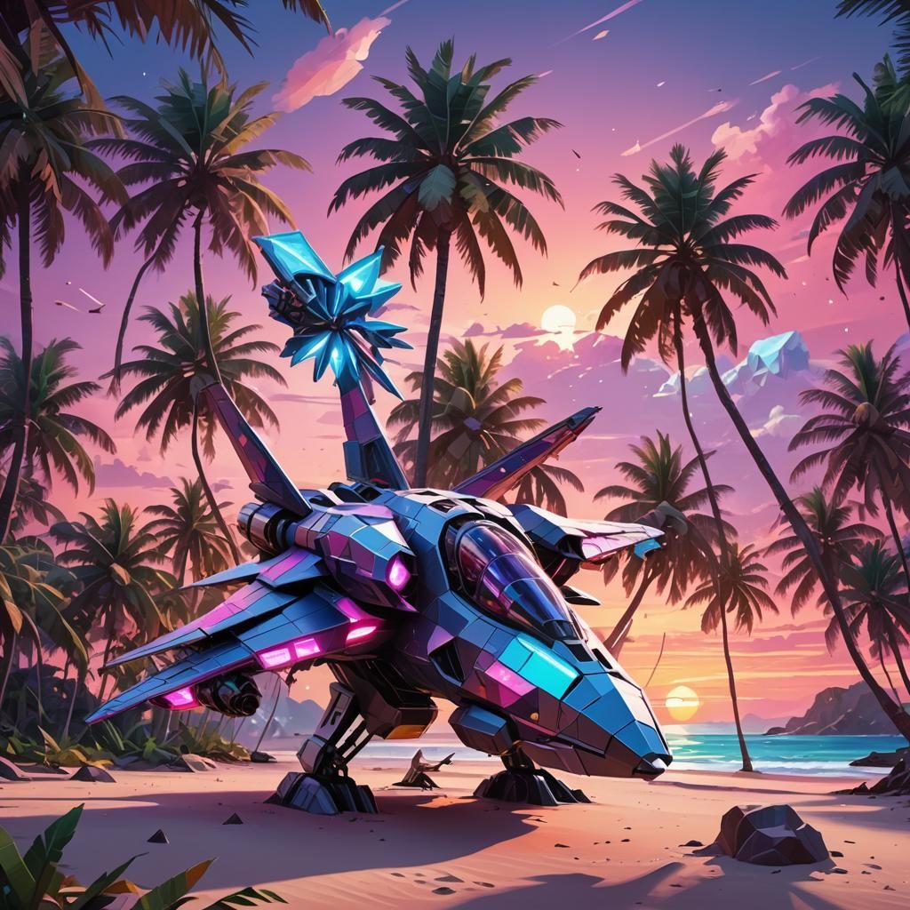 Starship Landing on Tropical Island in Low-Poly 3D