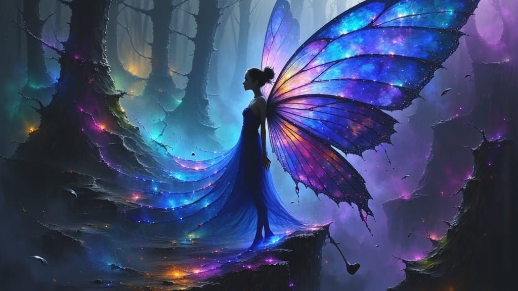 Fairy with Majestic Butterfly Wings in Dark Forest Painting