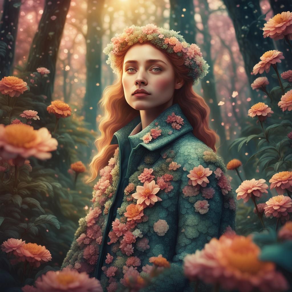 Woman's Floral Coat in Lush Fantasy Forest