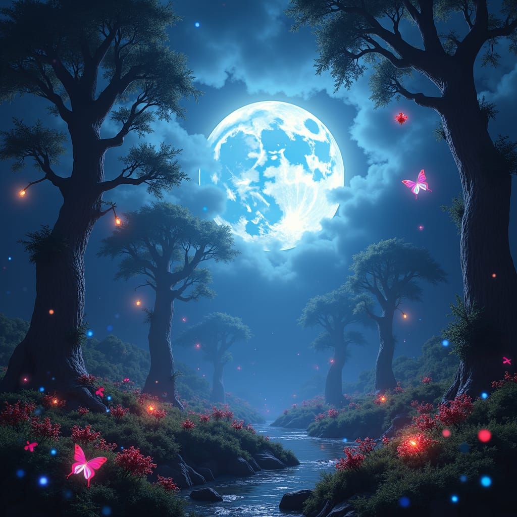 Mystical Moonlit Forest with Rainbow Insects