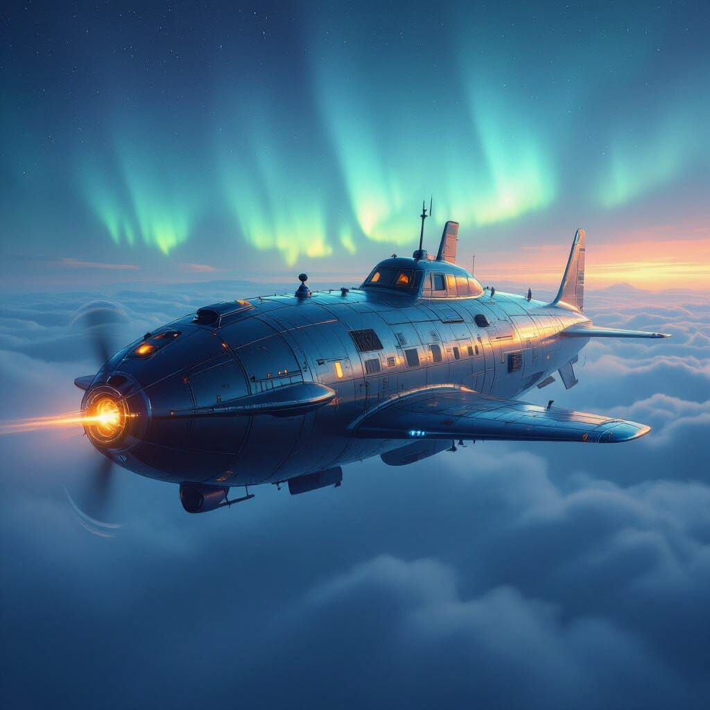 Flying Submarine Soaring Through Aurora Sky