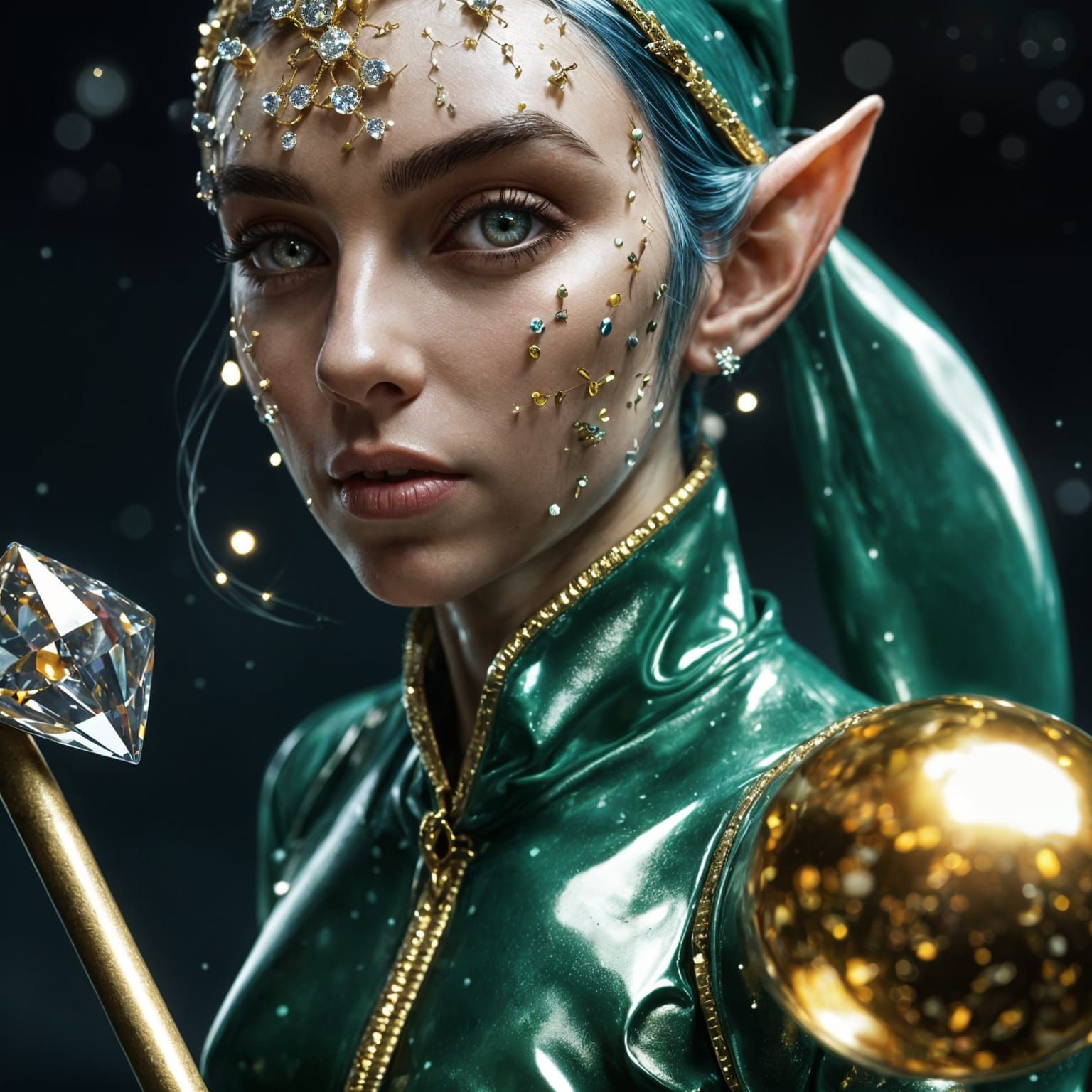 Hyperrealistic Elf Woman Shoveling Diamonds