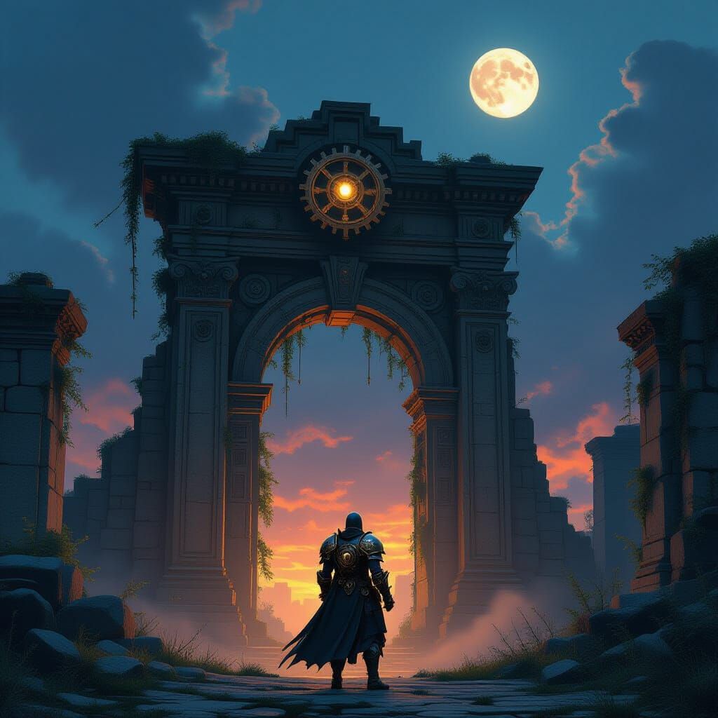 Steampunk Knight Before Ancient Ruins at Twilight