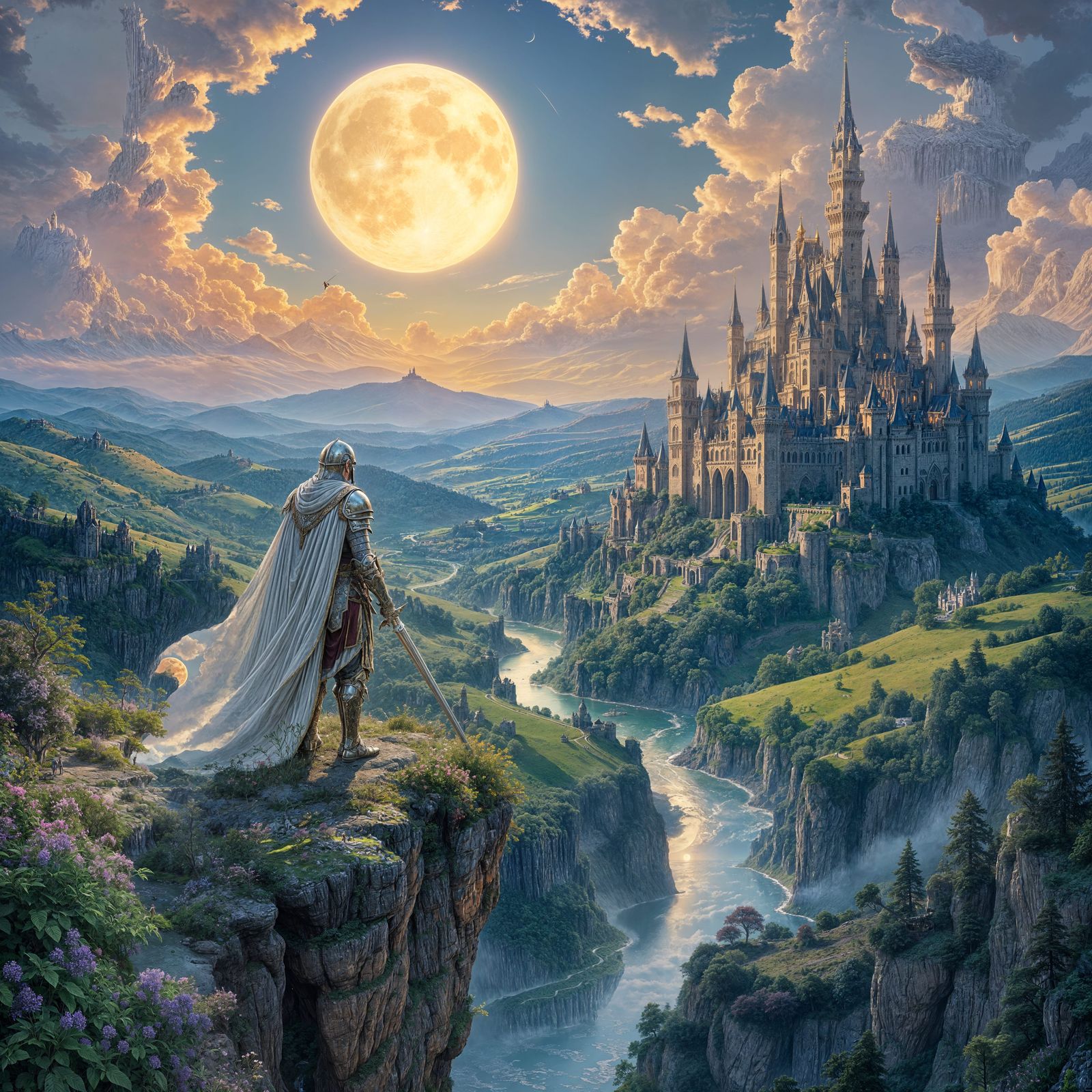 Fantasy Knight Overlooking Kingdom, Detailed Matte Painting