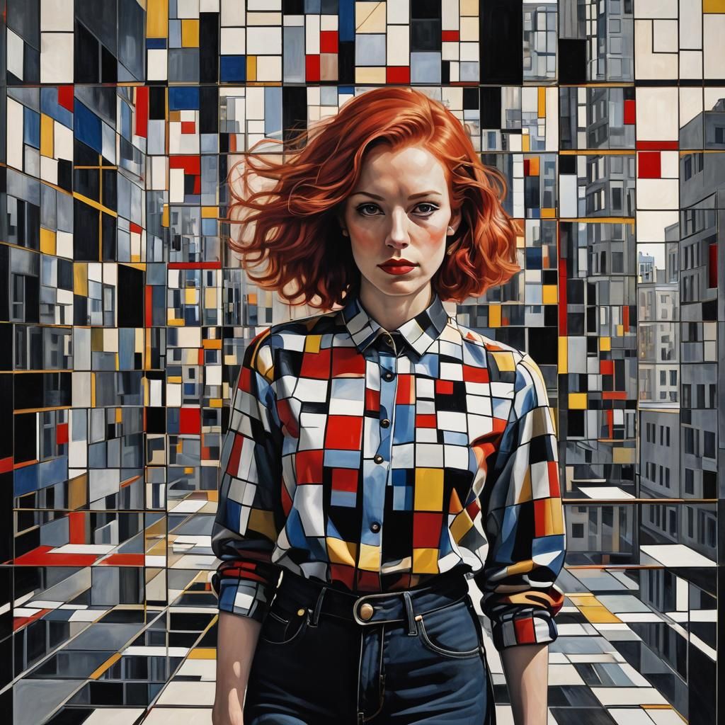 Full-body portrait of a beautiful woman with red hair, weari...