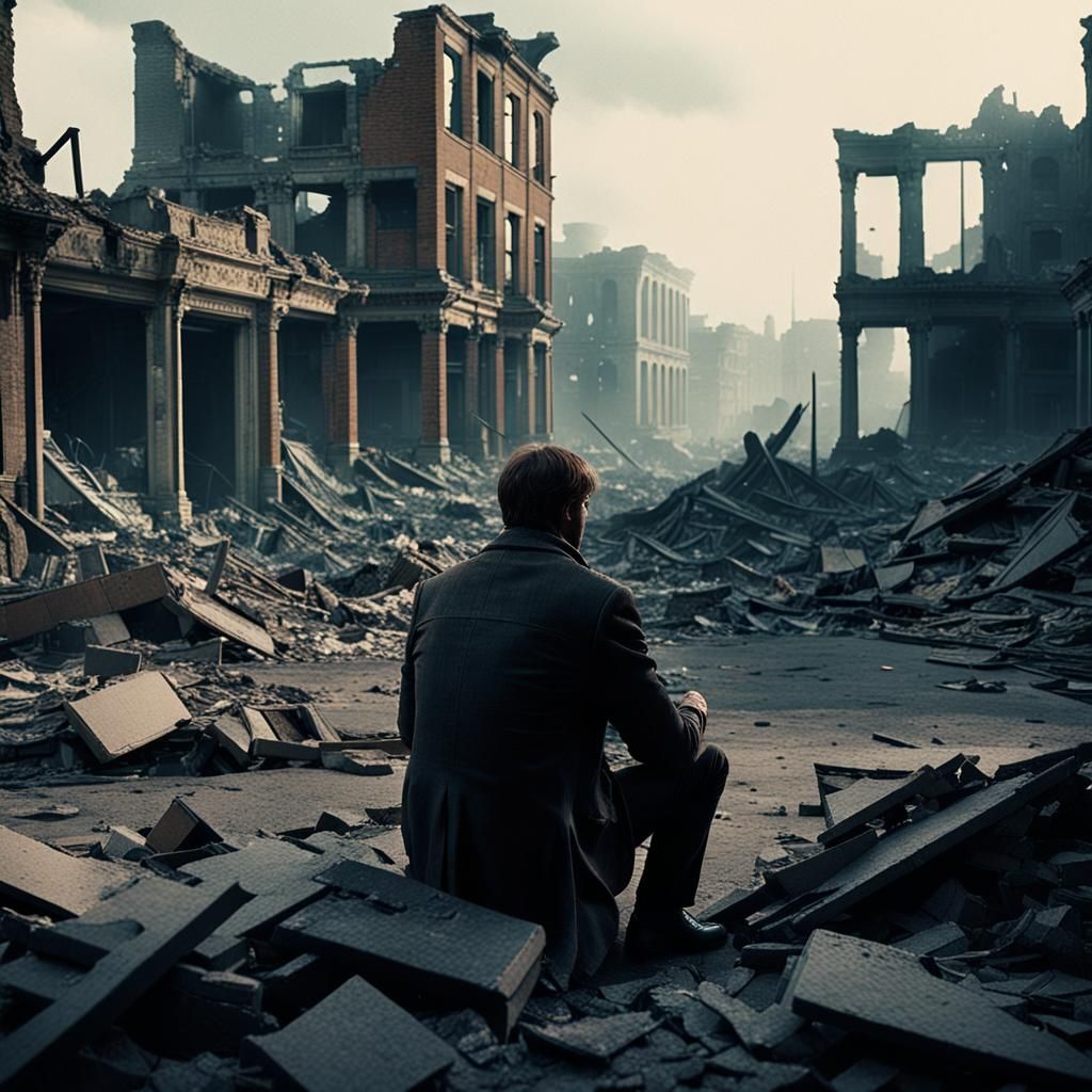 Man Alone in Bombed City: Cinematic Still