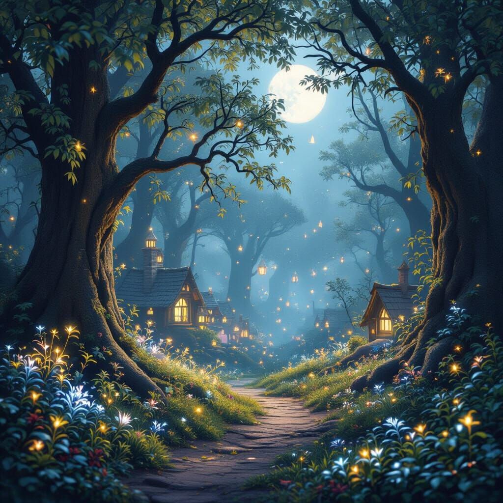 Whimsical Fairy Village in Moonlit Forest