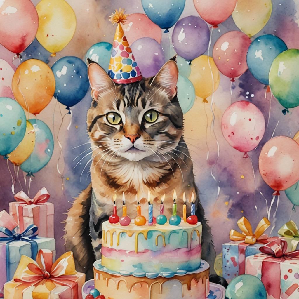 Whimsical Watercolor Cat Birthday Celebration
