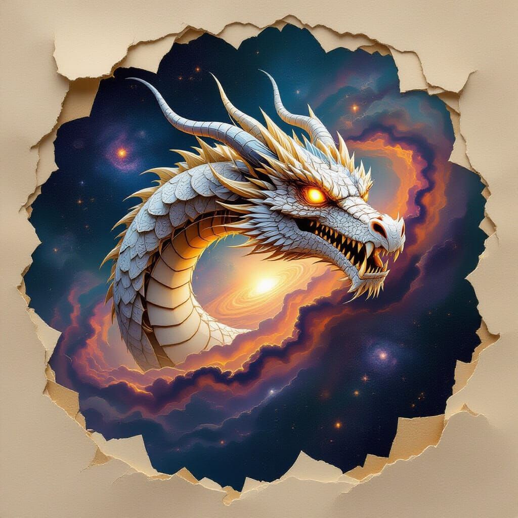 Paper Dragon Soaring Through Cosmic Nebula