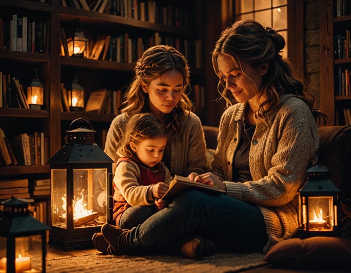 Cozy Lantern-Lit Library with Mother and Daughter