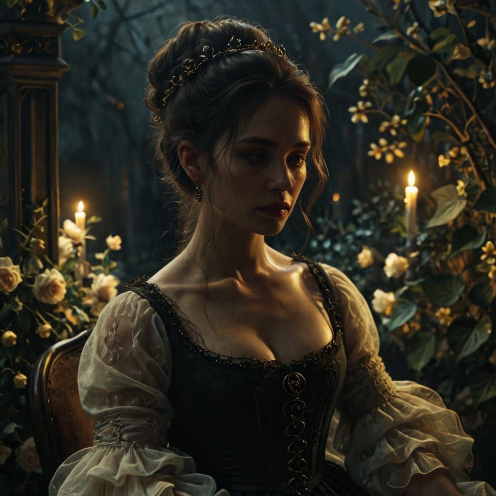 Eerie Gothic Woman in Candlelight: Oil Painting