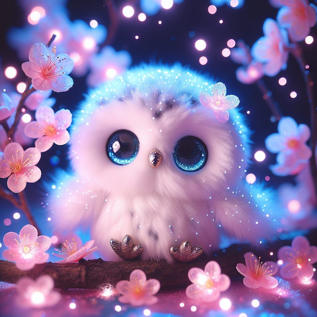 Charming Chibi Snowy Owl with Sakura Blossoms