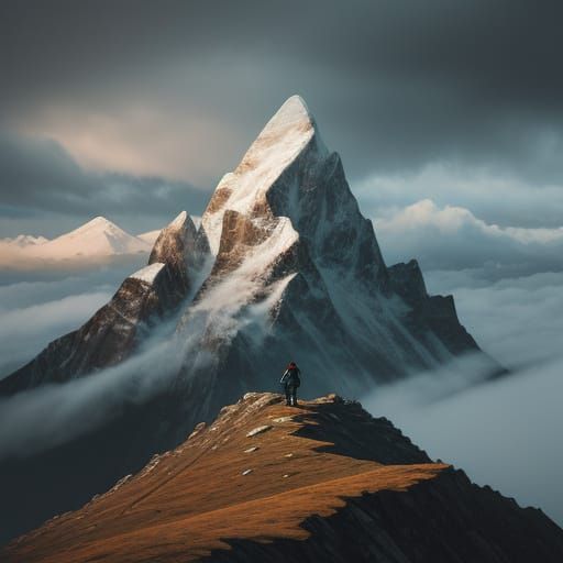 Lone Hiker on Mountain Peak Oil Painting