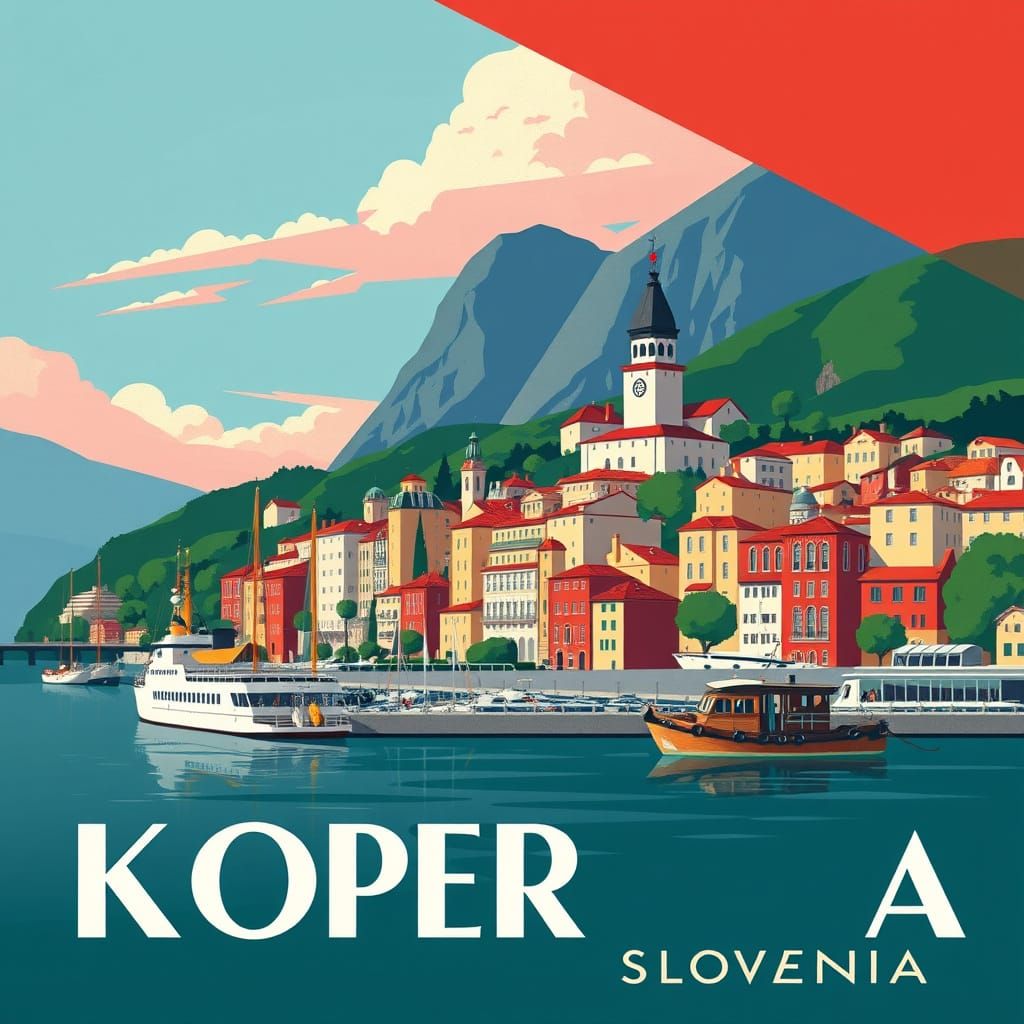 Koper, Slovenia: Vintage Art Deco Travel Poster