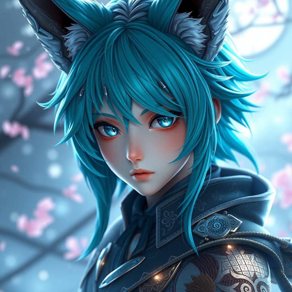 Androgynous Fox-Boy with Teal Hair in Japanese Folklore Styl...