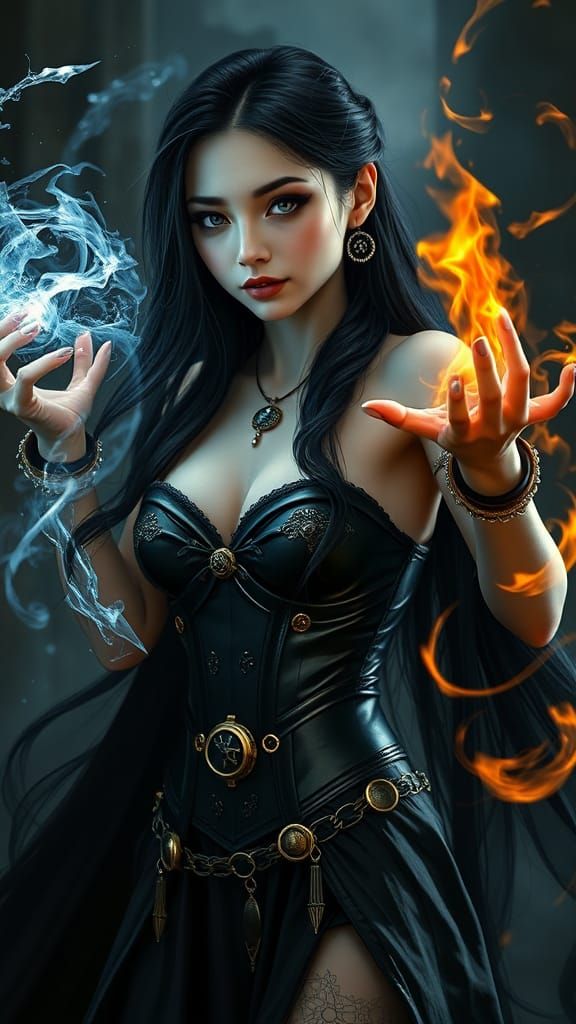 Steampunk Sorceress Commands Elemental Forces