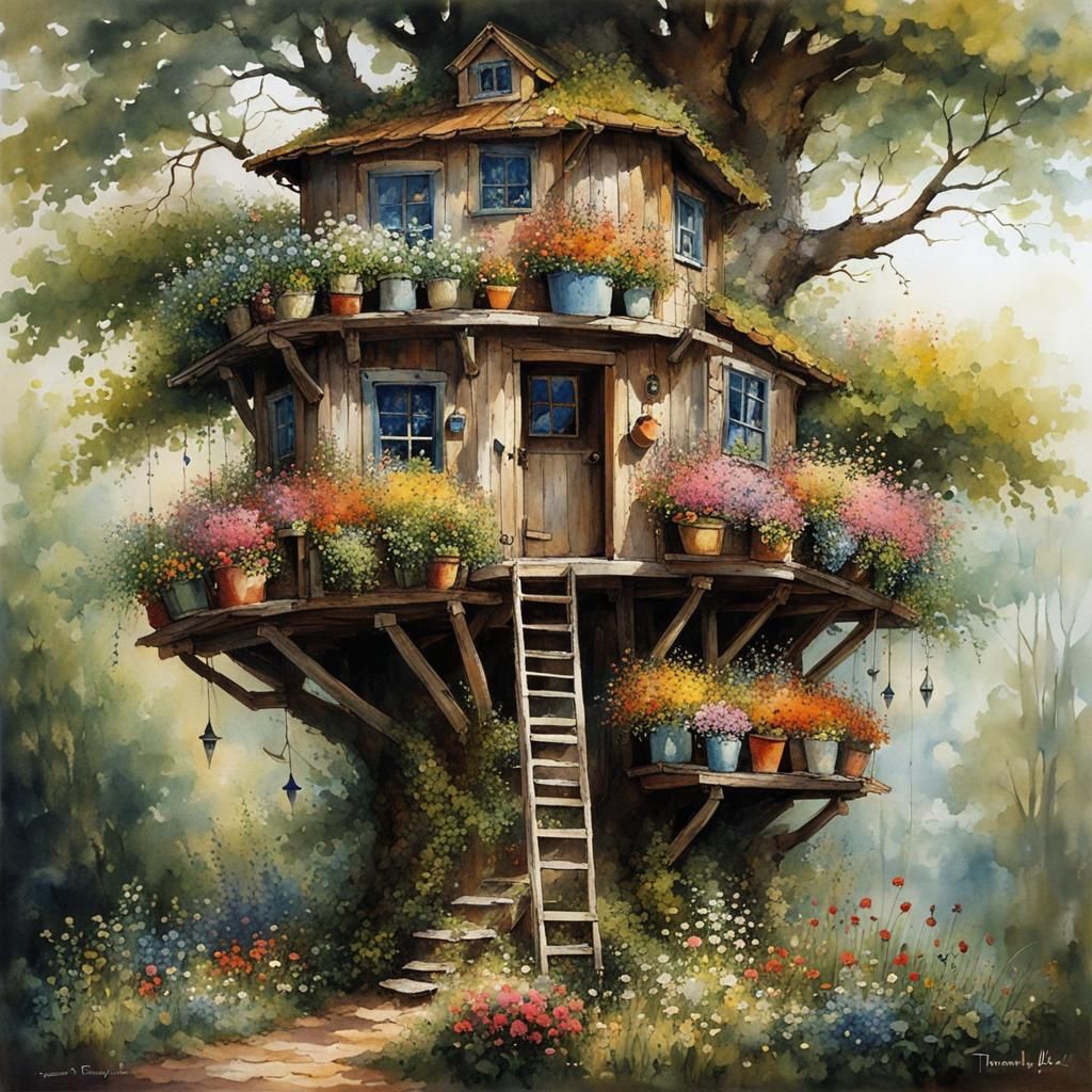 Rustic Treehouse with Flowers, Watercolor Style